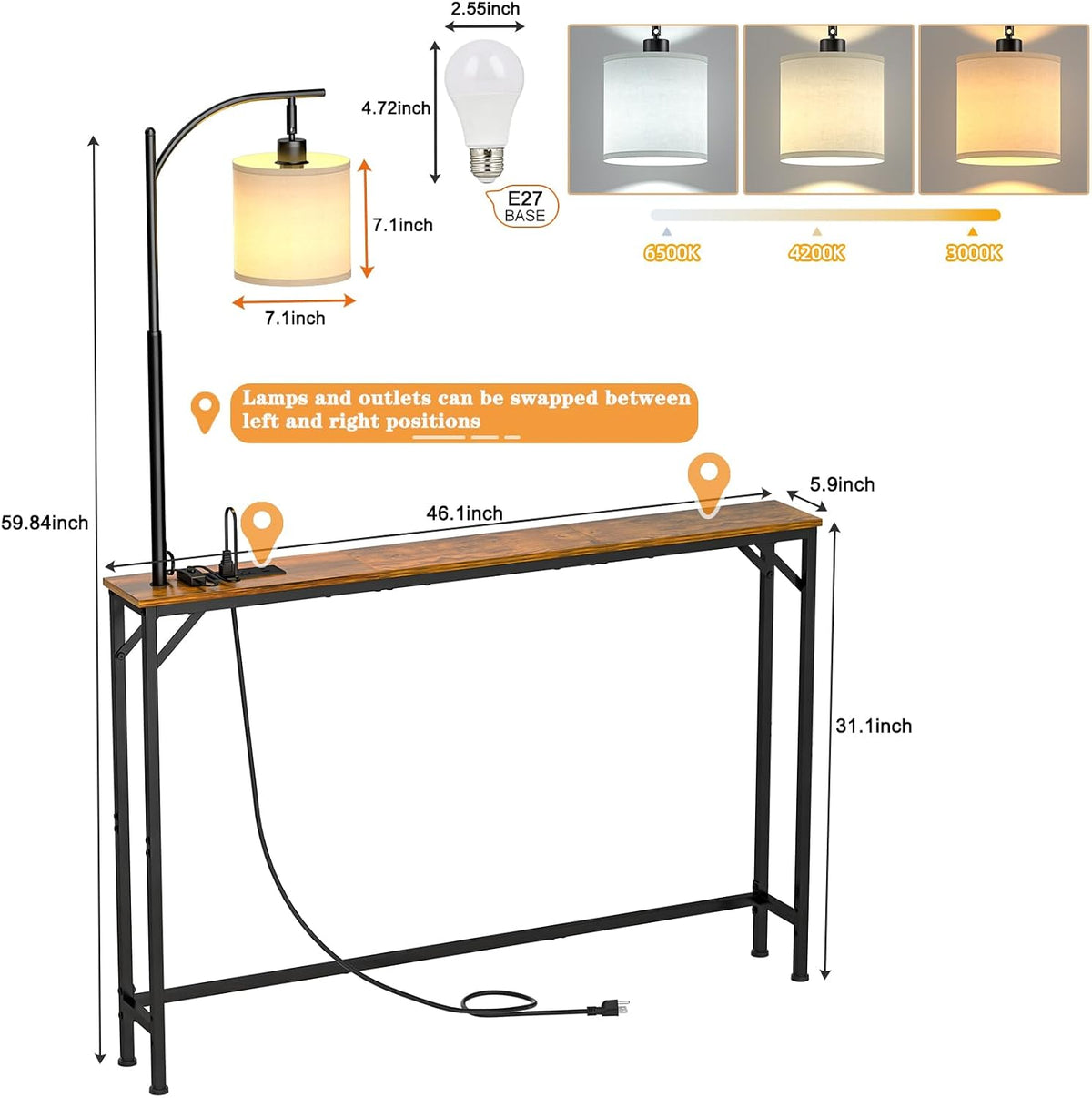 keomaisyto Skinny Sofa Table with Outlet & 3-Color Light, Console Table