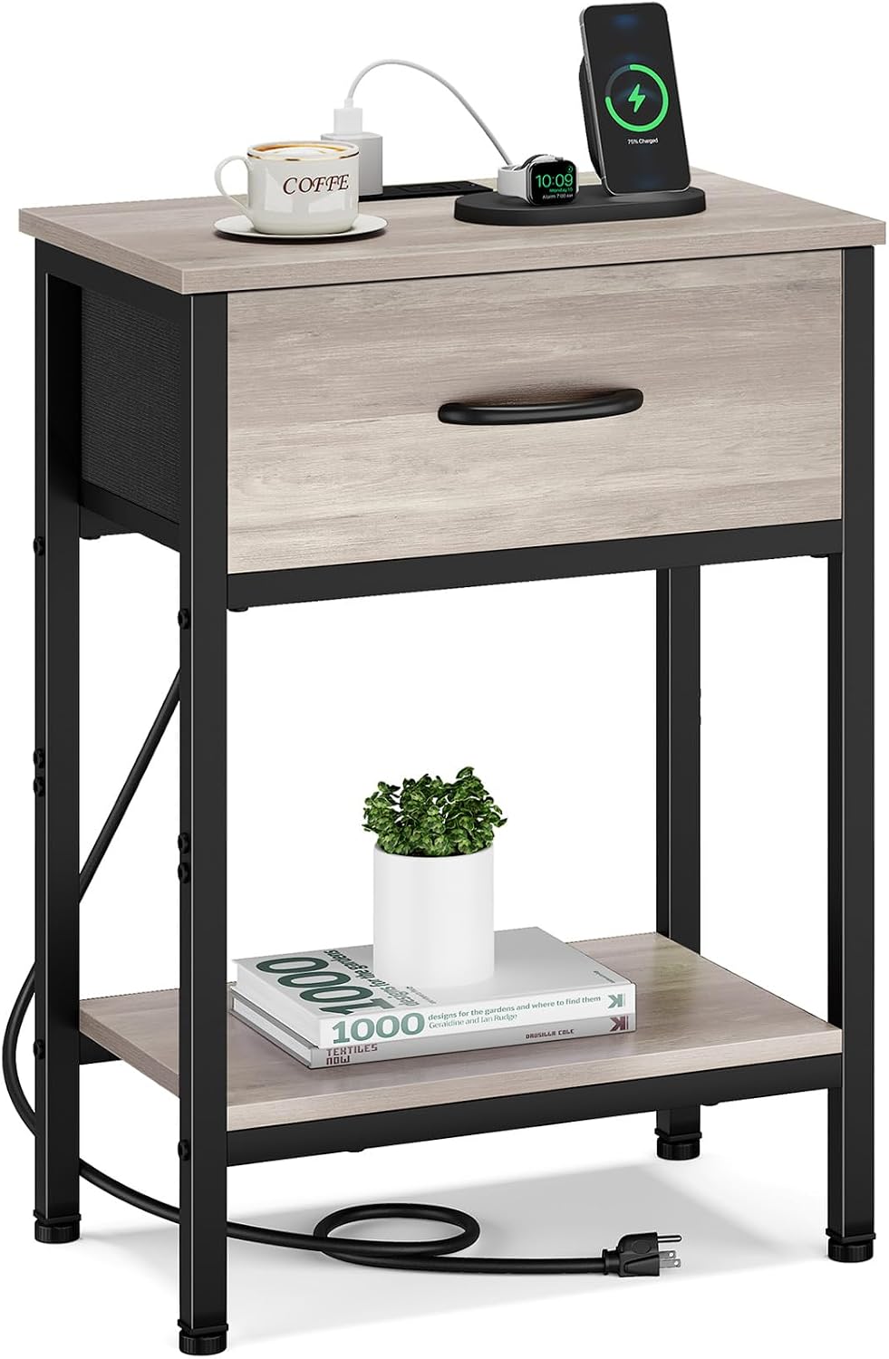 Vagusicc Nightstand with Charging Station, End Table with Fabric Drawer, Smal...