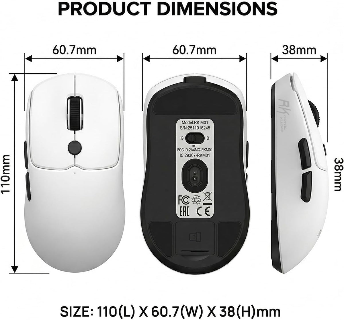 RK ROYAL KLUDGE MO1 Wireless Mouse, 55g Ultra-Lightweight Computer Mice, 6 Pr...