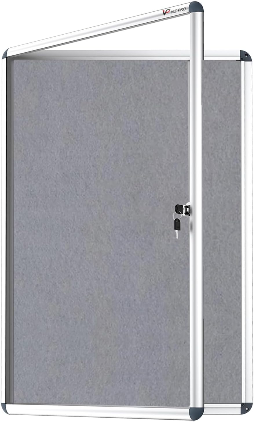 VIZ-PRO Tamperproof Lockable Gray Fabric Noticeboard Aluminium Framed 36x24 I...