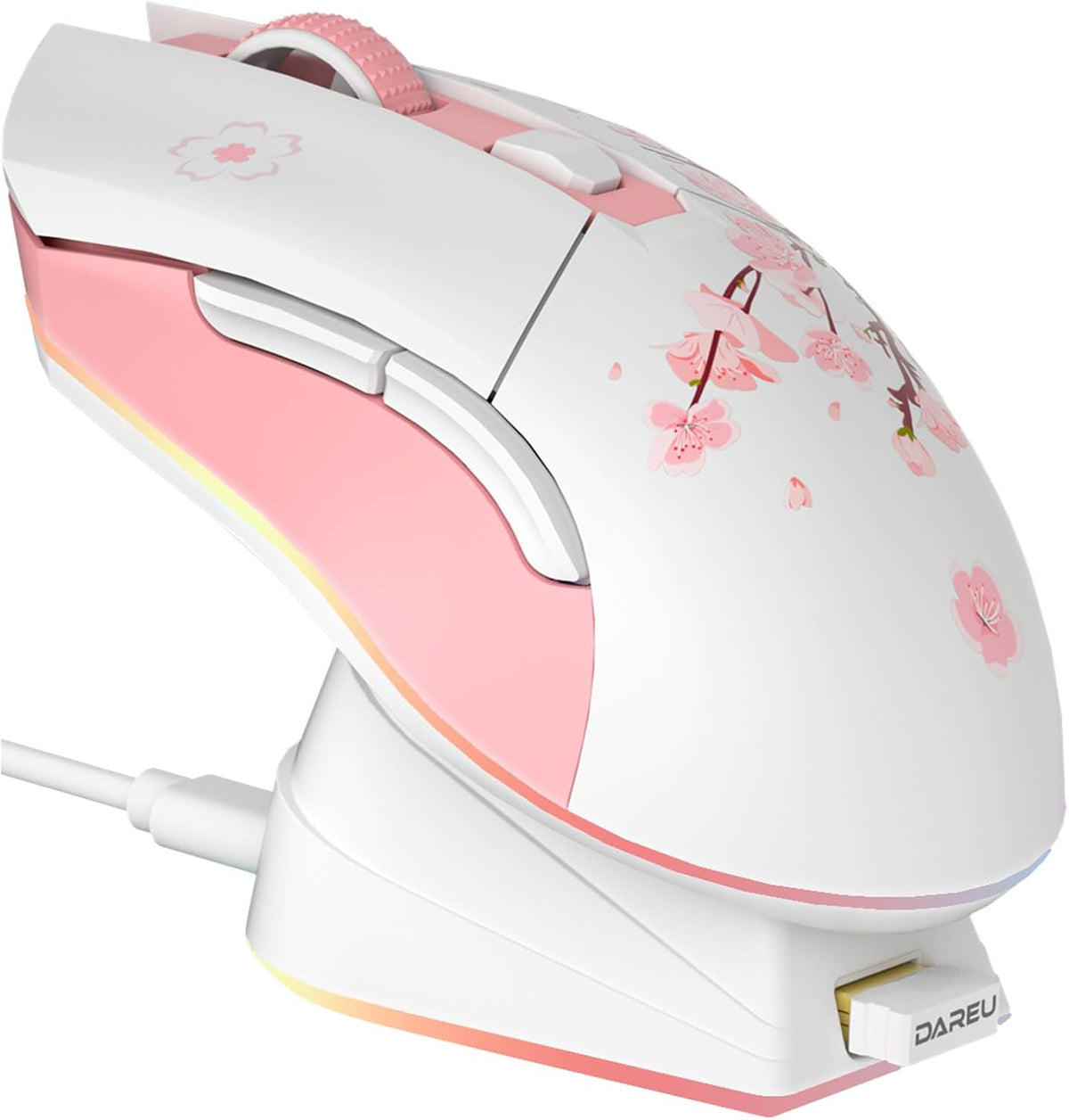 DAREU Sakura Pink Wireless Gaming Mouse with Charging Dock Rechargeable RGB,1...