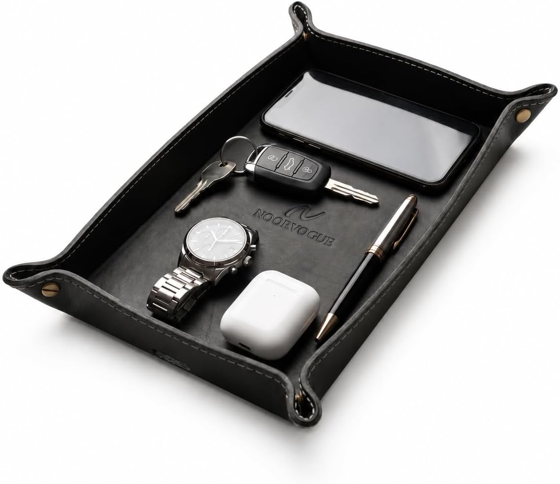 Leather Valet Tray for Men – Double Layer Genuine Leather EDC Catchall Tray O...