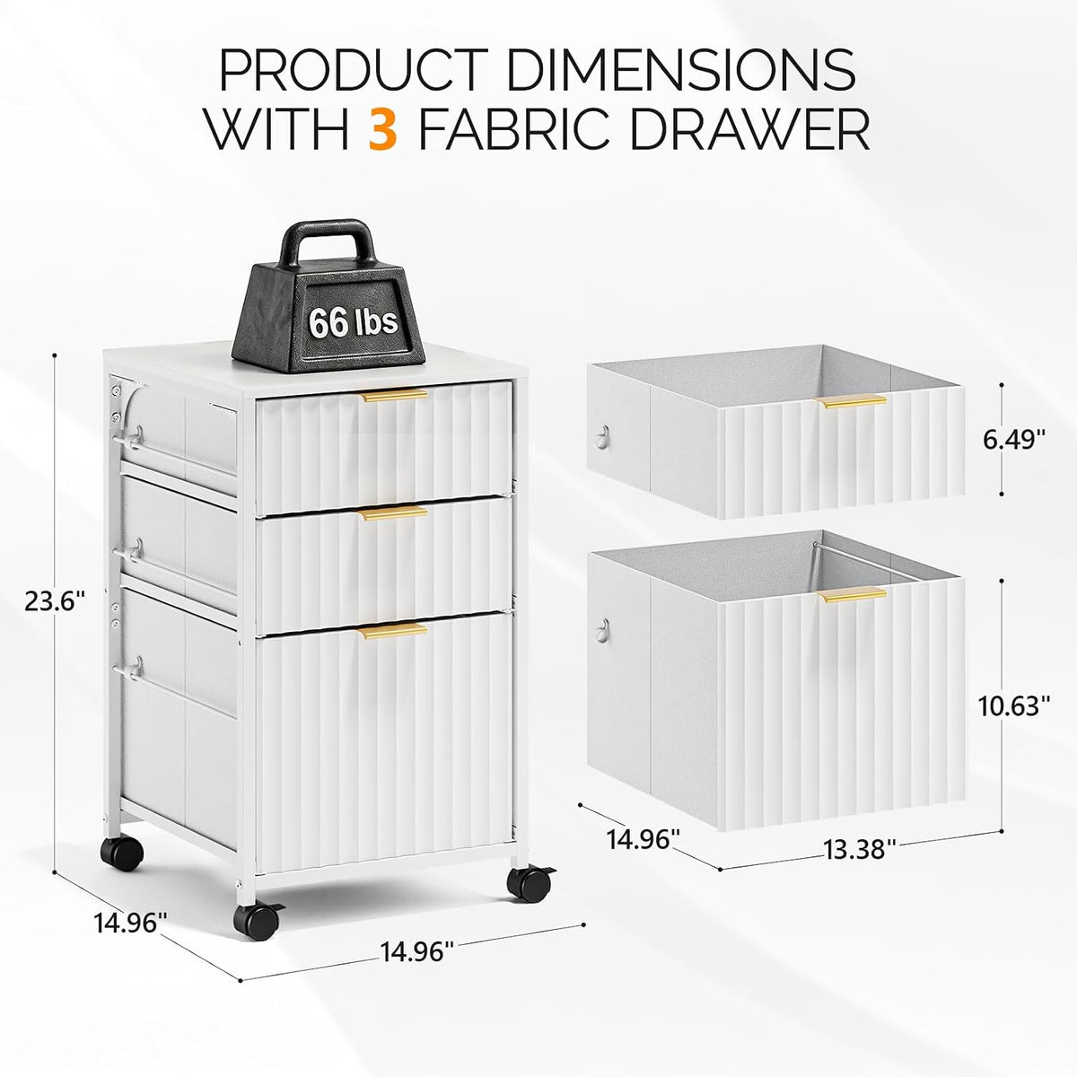 VINGLI 3 Drawer Fluted File Cabinet, Rolling File Cabinet Mobile Under Desk F...