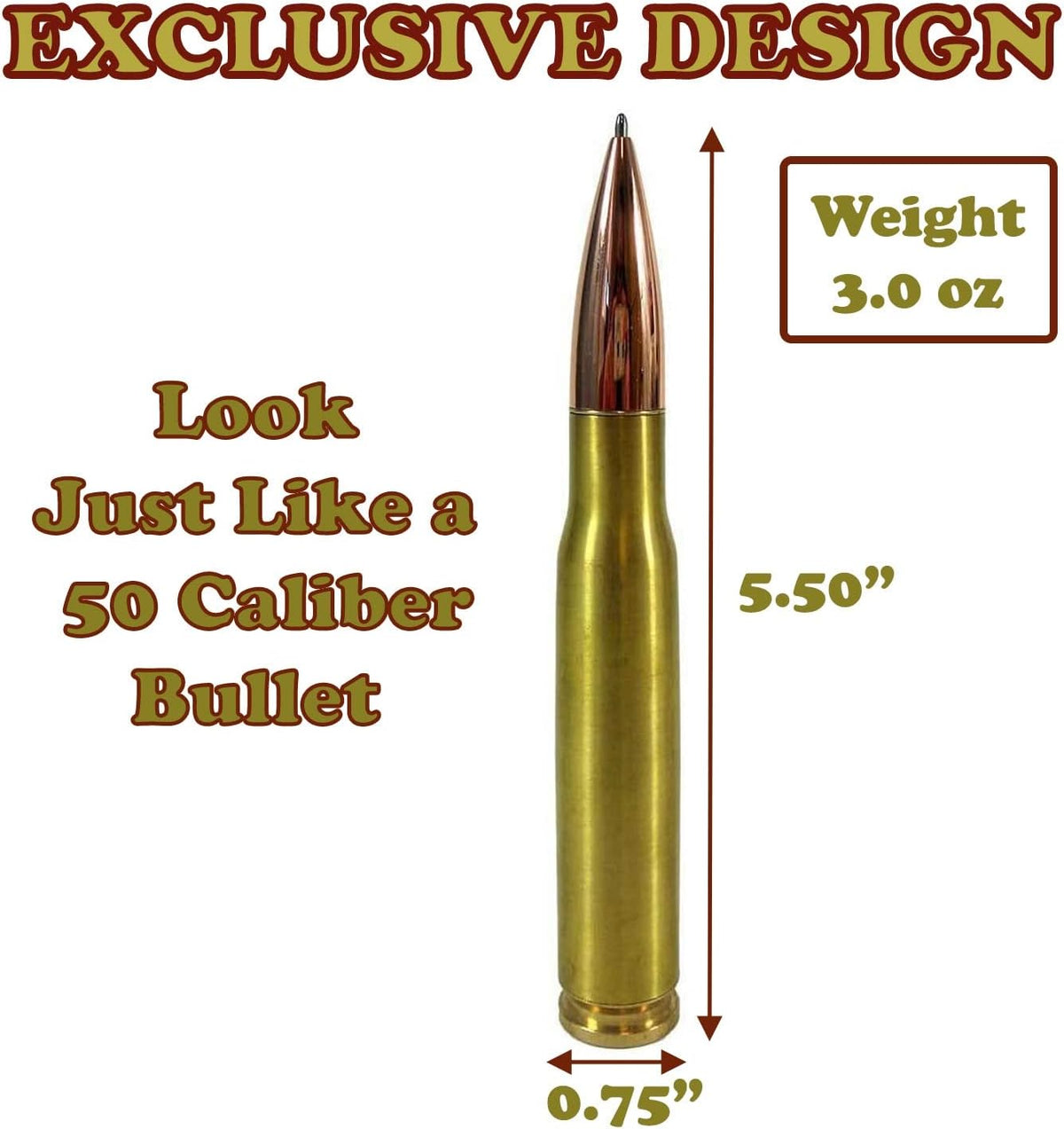 50 Caliber Bullet Twist Tactical Pen, Gold Plated, Realistic Refillable 50 Ca...