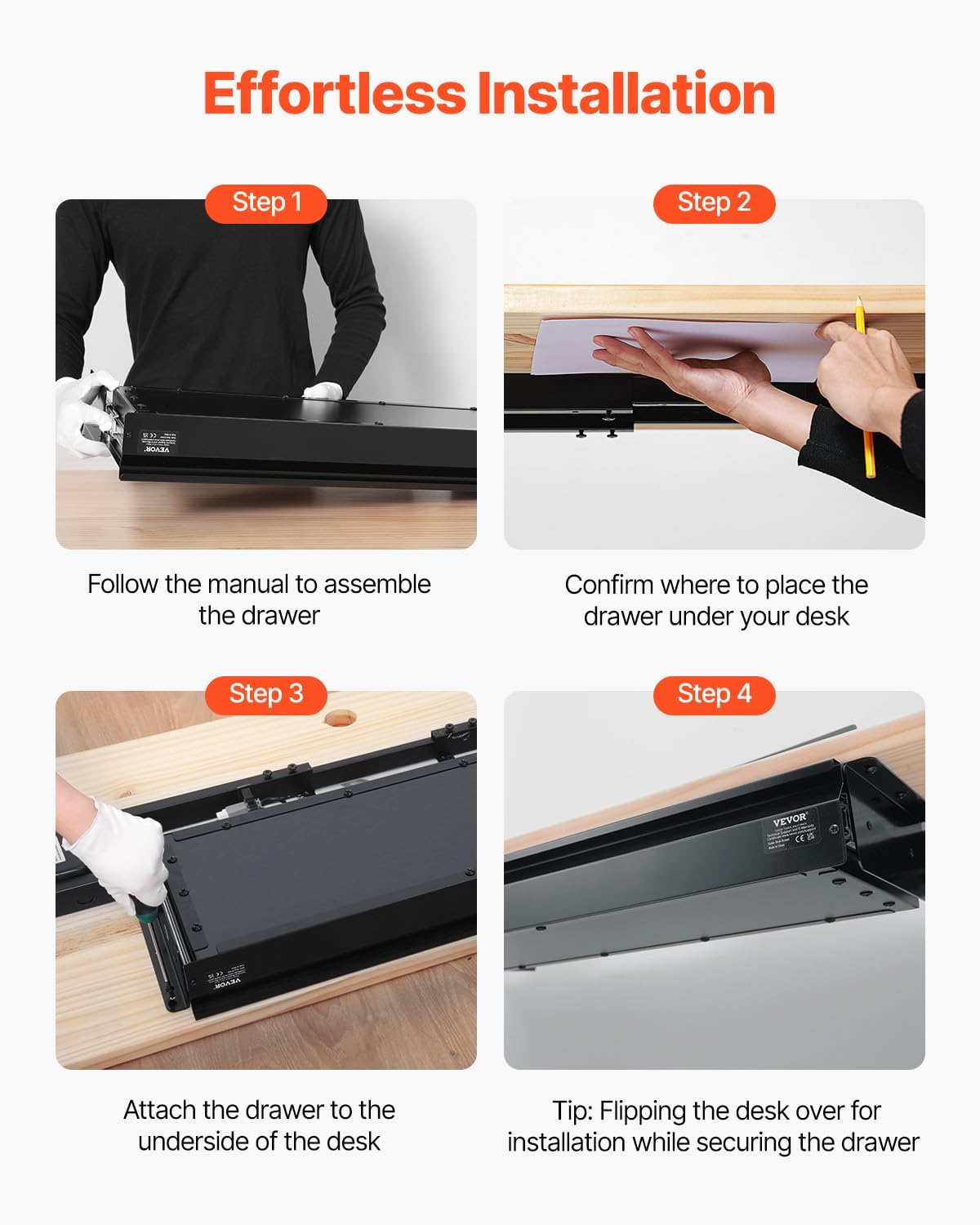 VEVOR Under Desk Drawer Slide Out, 26 inch Under Desk Mounted Pull-out Drawer...