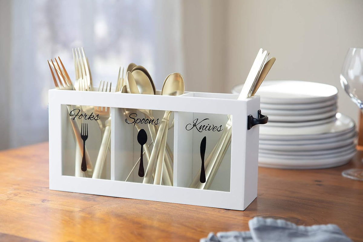 BLU MONACO | Wooden Silverware Caddy with Handle | Wooden Cutlery Organizer f...