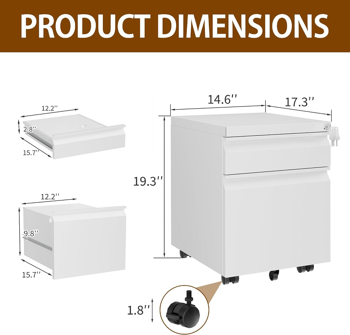2 Drawer Metal Mobile File Cabinet with Lock and 4 Keys