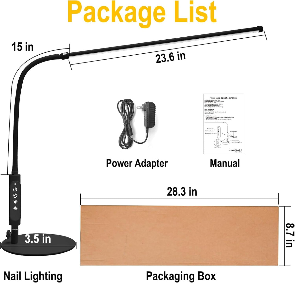 CGBE LED Desk Lamp, 23.6" Nail Light for Desk with Adjustable Gooseneck