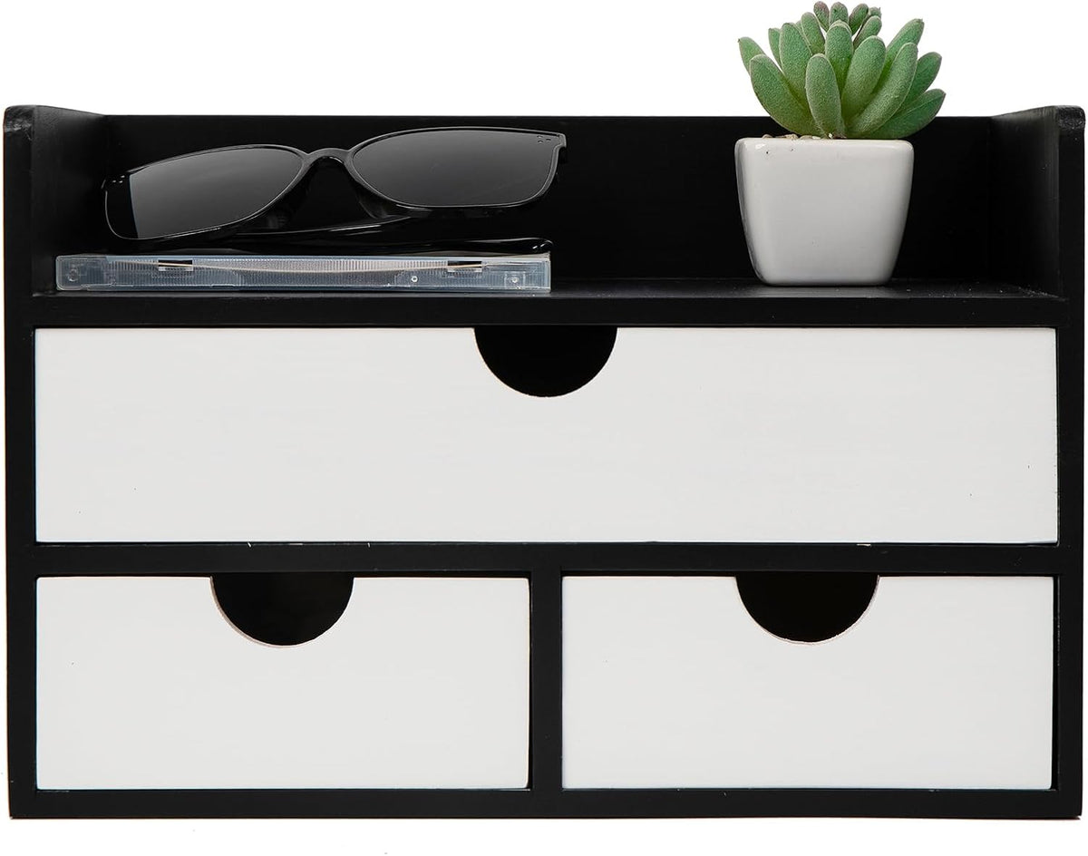 Rustic Wood Desk Organizer with Drawers,3-Drawer Desktop Storage Box