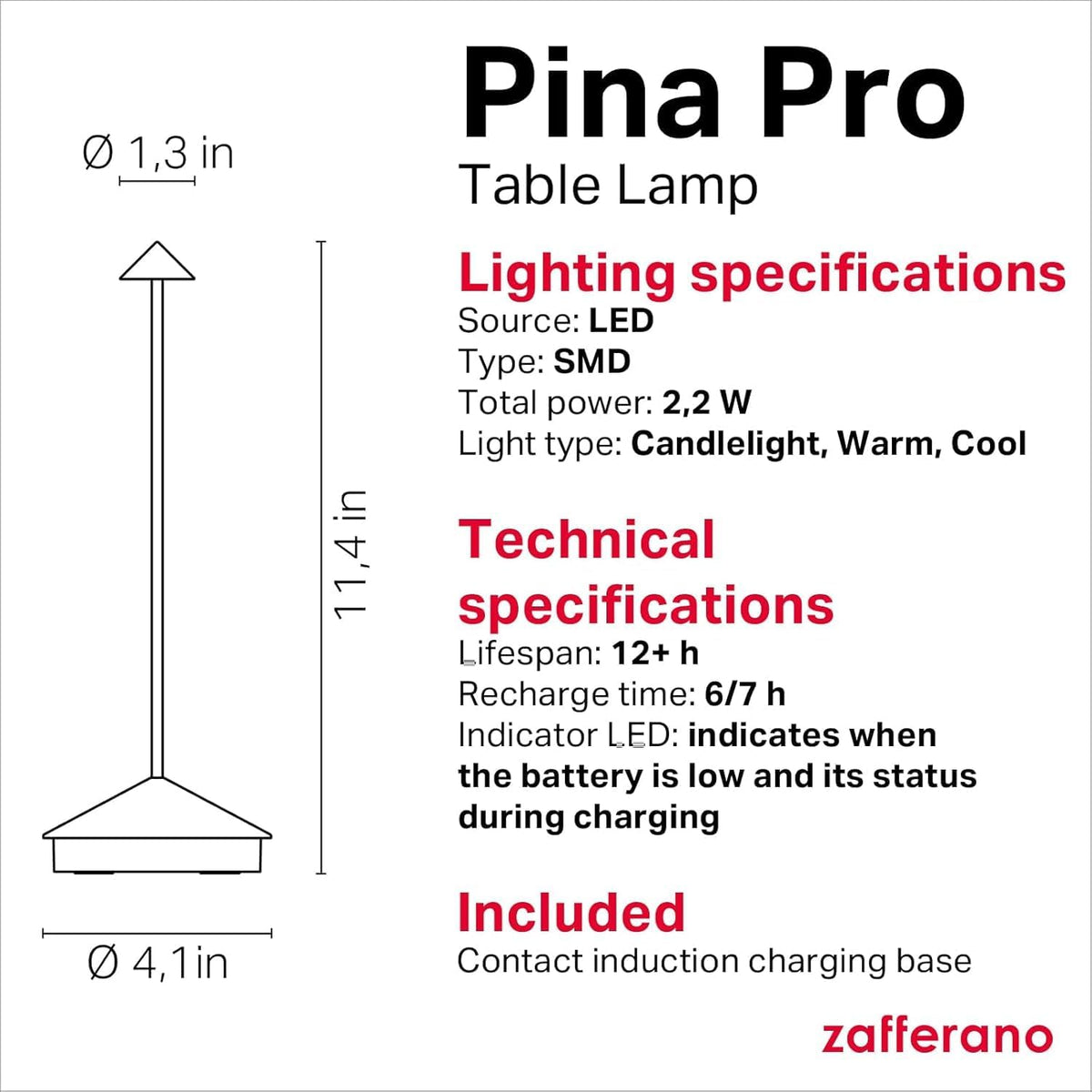 Zafferano, Pina Pro, Rechargeable Cordless Lamp, Antique Nickel