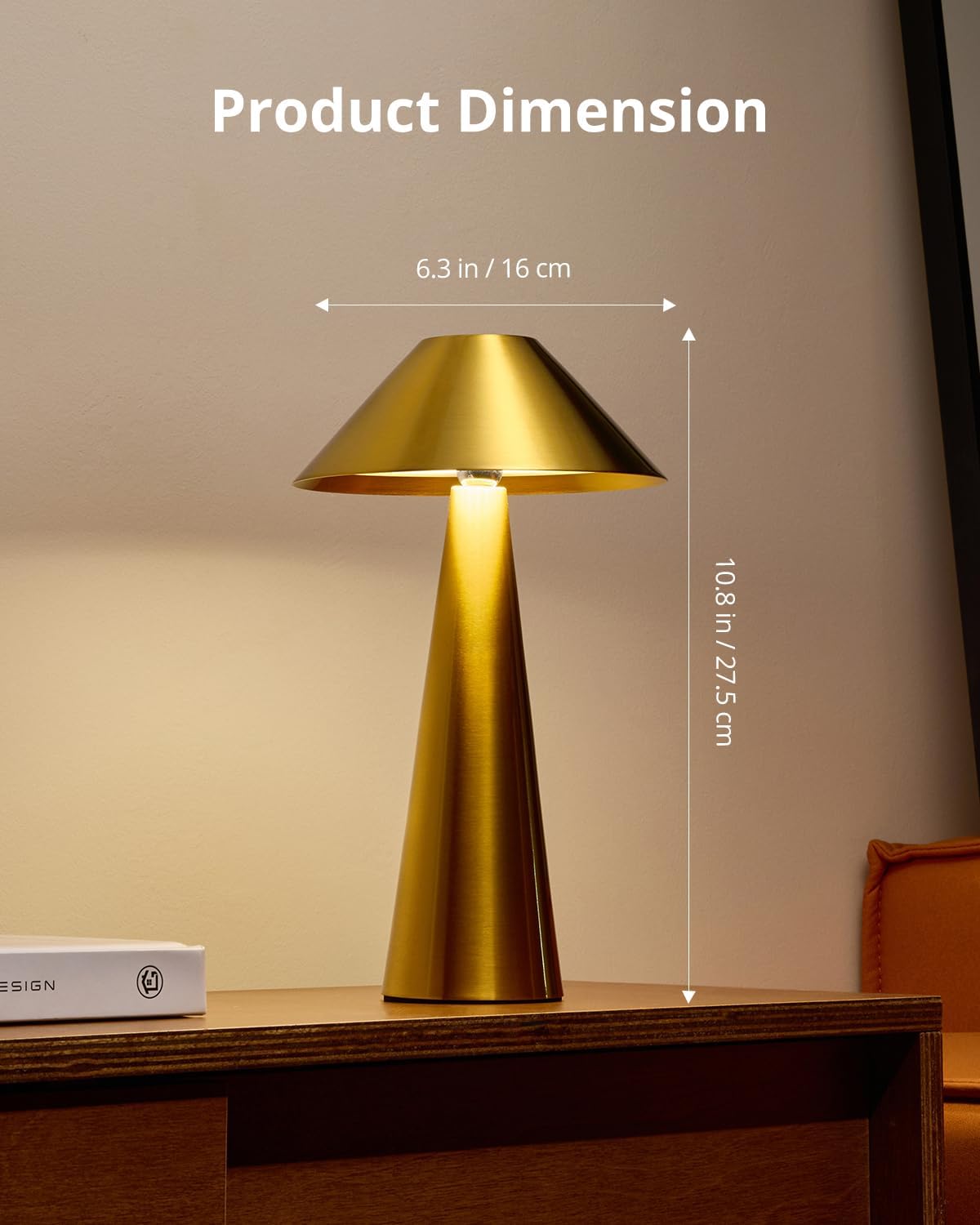 Bojim Rechargeable Cordless Table Lamp, Gold LED Battery Operated Wireless Ta...
