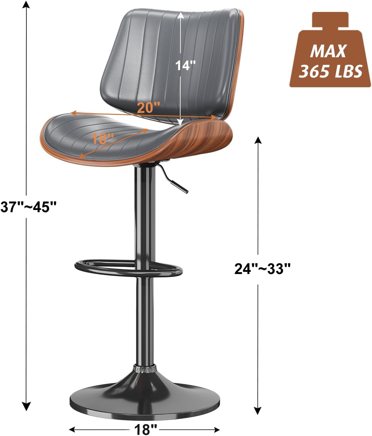 Swivel Bar Stools 4PCS, Adjustable Bentwood Barstools for Kitchen Counter