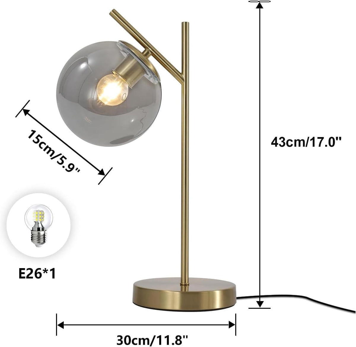 Mid Century Desk Lamp, Glass Globe Table Lamp with Gray Glass lampshade, Gold...