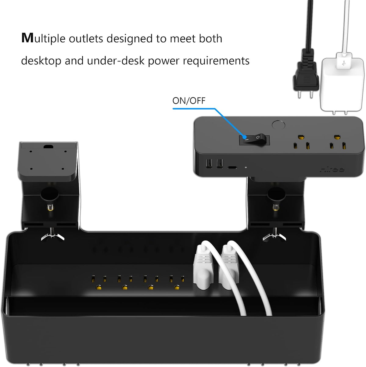 Hiree Under Desk Cable Management Tray with Power Strip, 8 AC Outlets, 2 USB ...