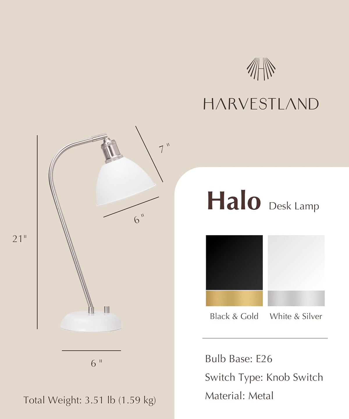 HarvestLand Halo Desk Lamp, Reading Lamp for Home Office, White