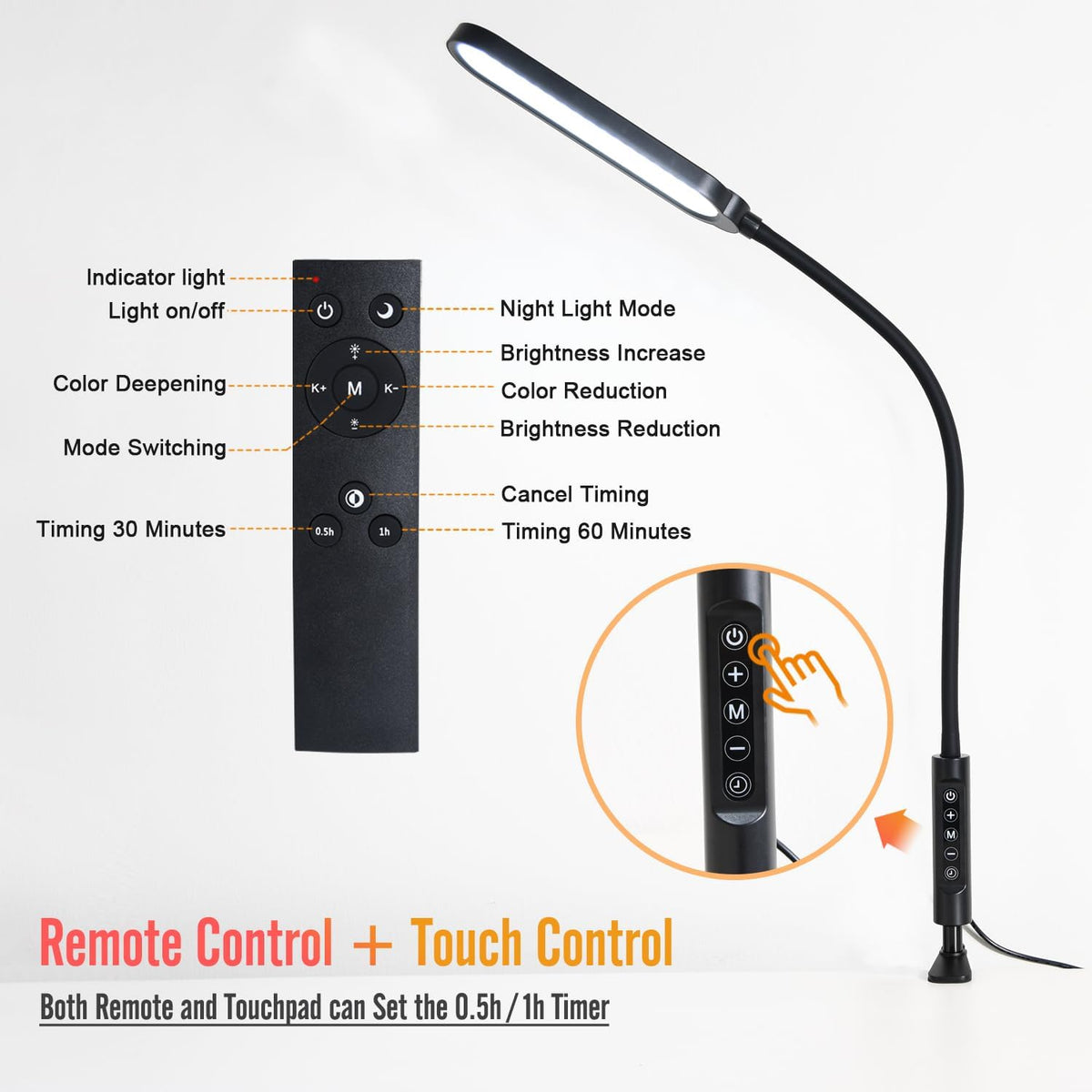 18W 3000LM LED Clamp Desk Lamp, CRI 95, Touch and Remote Control