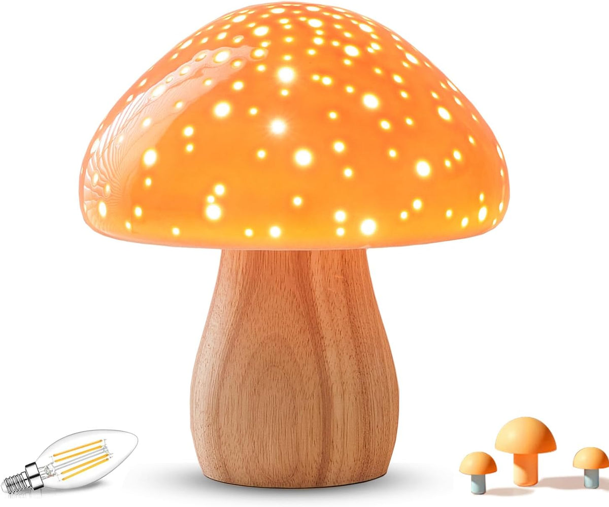 BOHON Mushroom Lamp Ceramic Bedside Table Lamp for Bedroom Orange