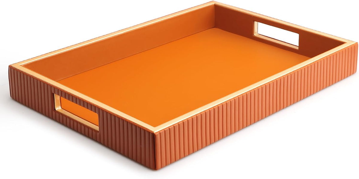 SANZIE Leather Tray Desktop Storage Organizer, Rectangle Valet Tray, Orange