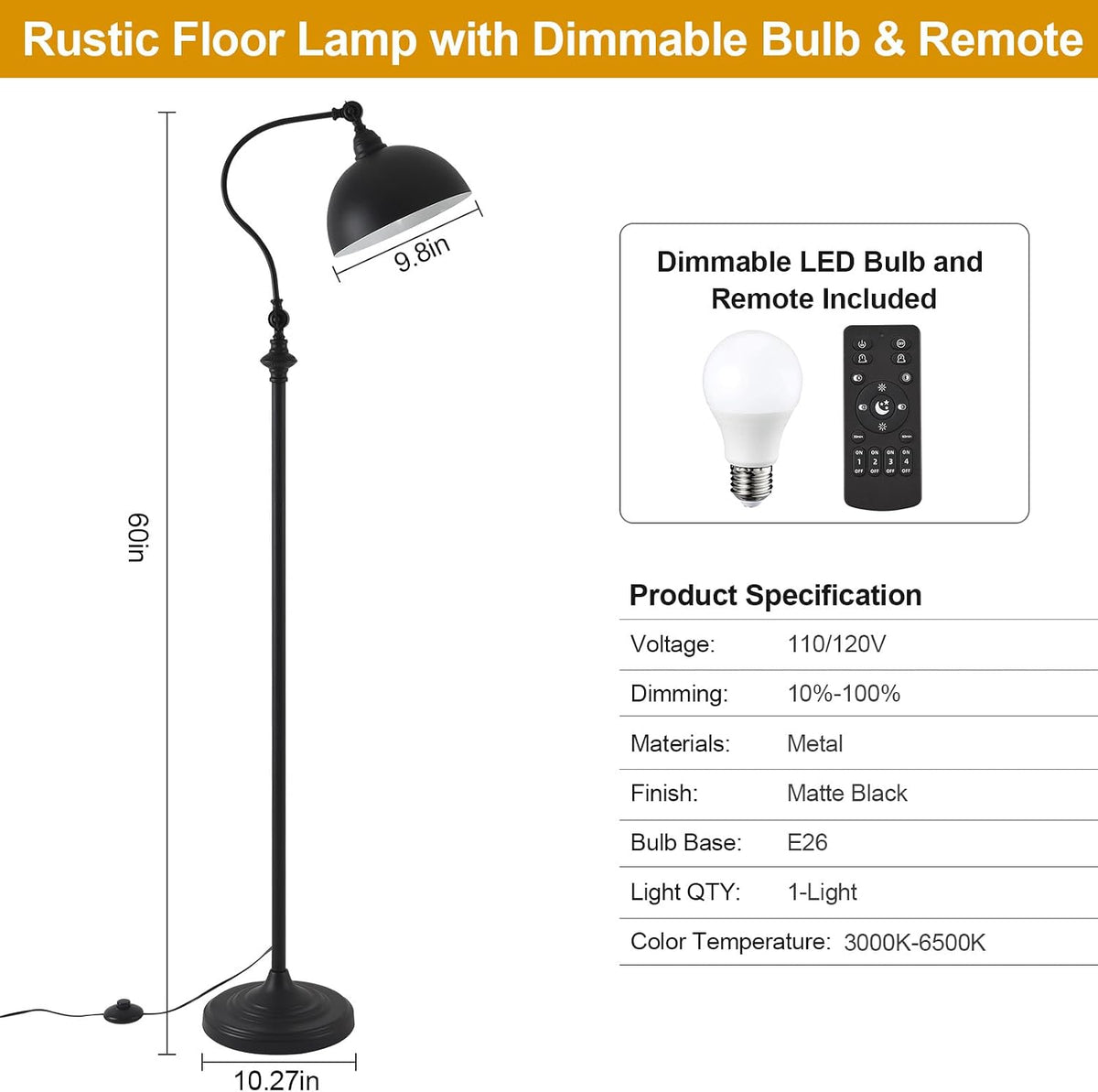 Reading Floor Lamps for Living Room with Remote and Dimmable Bulb