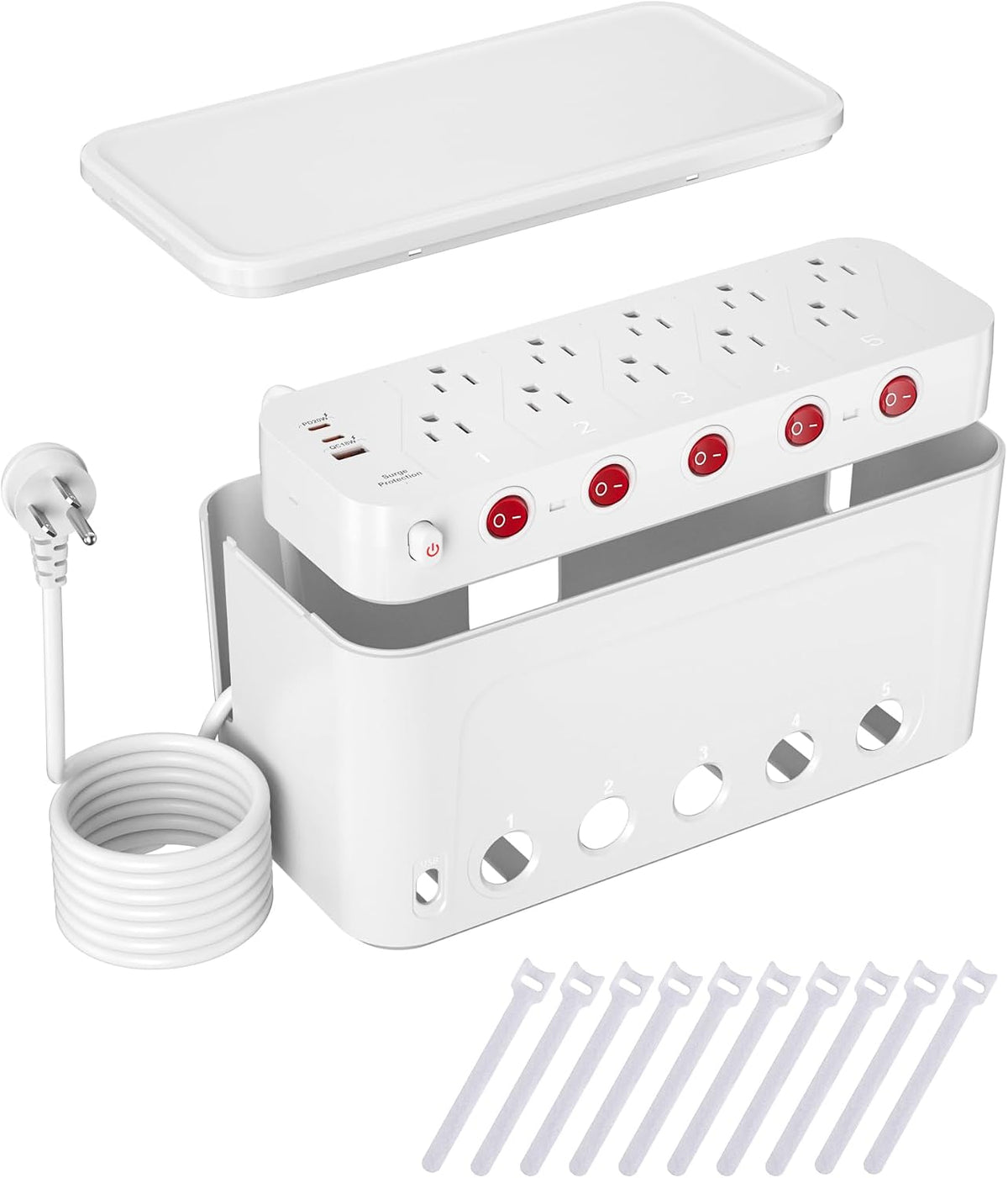 Power Strip with Cable Management Box, Large Cord Organizer Box,White