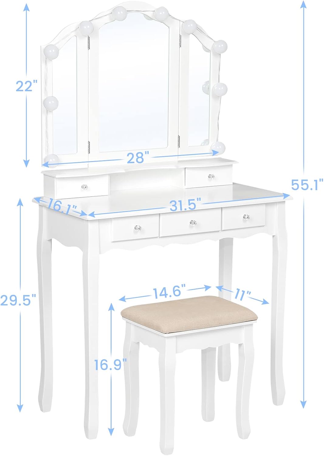 Tiptiper Makeup Vanity with Lighted Mirror and Stool, White
