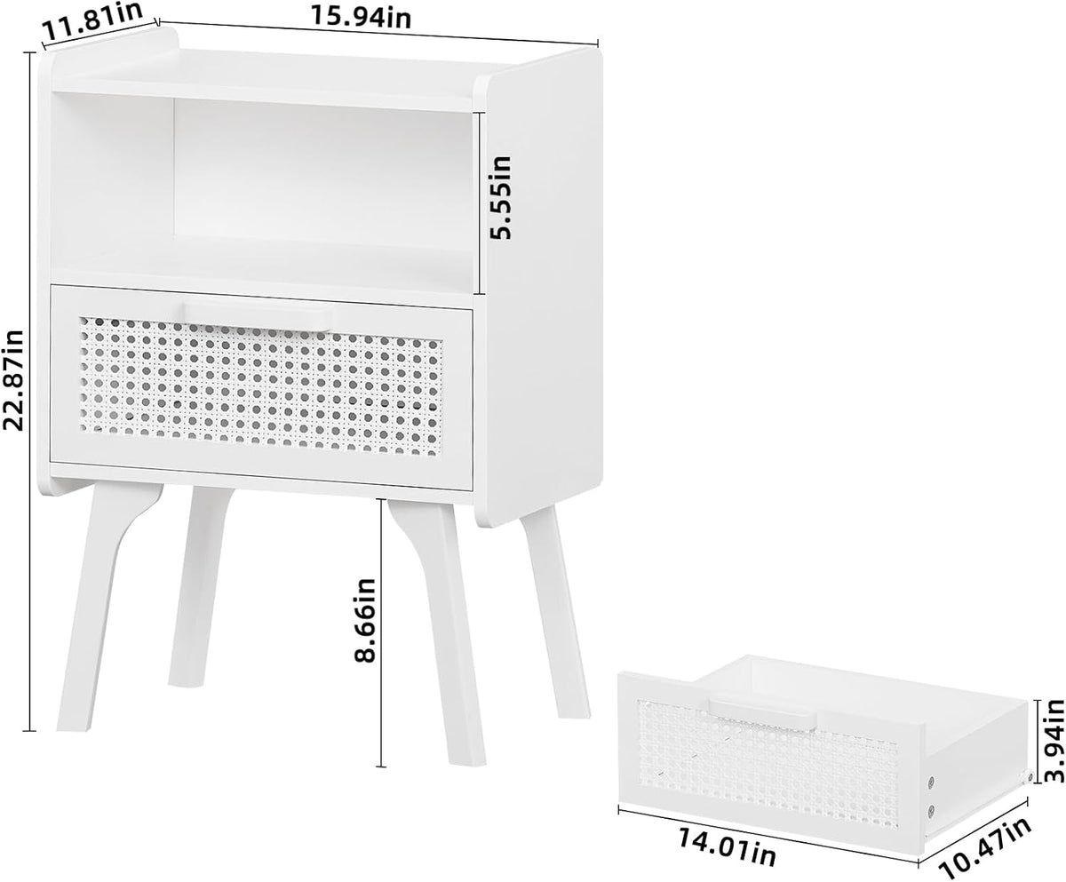 Lerliuo Rattan Nightstand, Side Table with Drawer Open Shelf