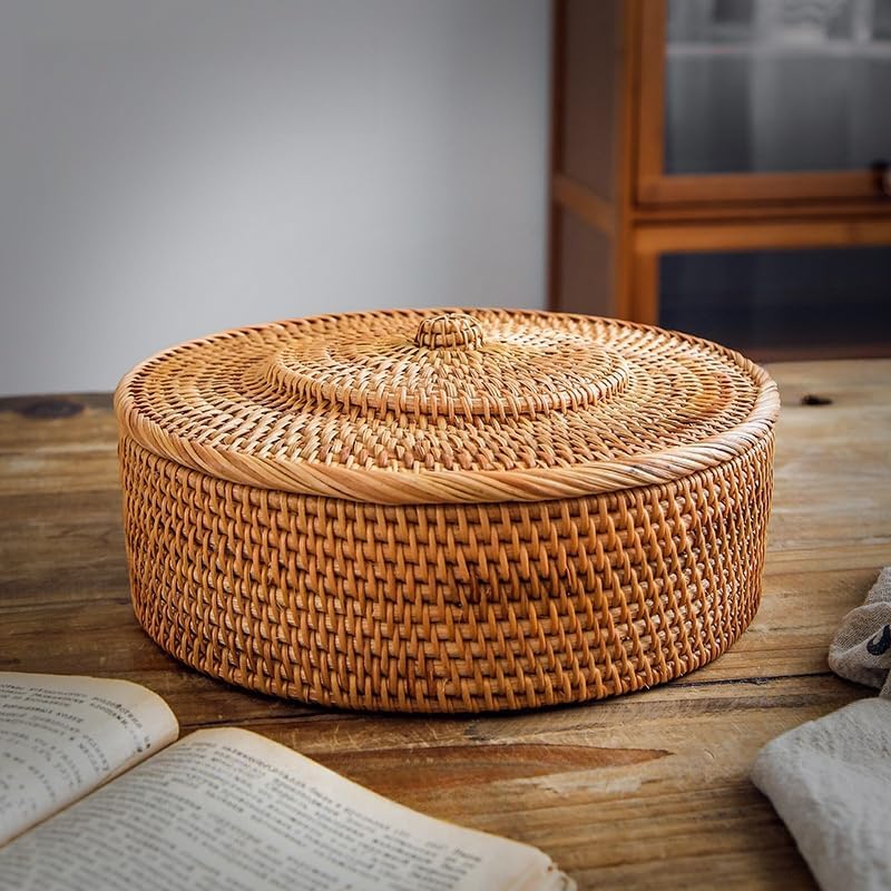 Rattan Basket With Lid, Lidded Wicker Storage Basket for Organizing, Woven Bo...