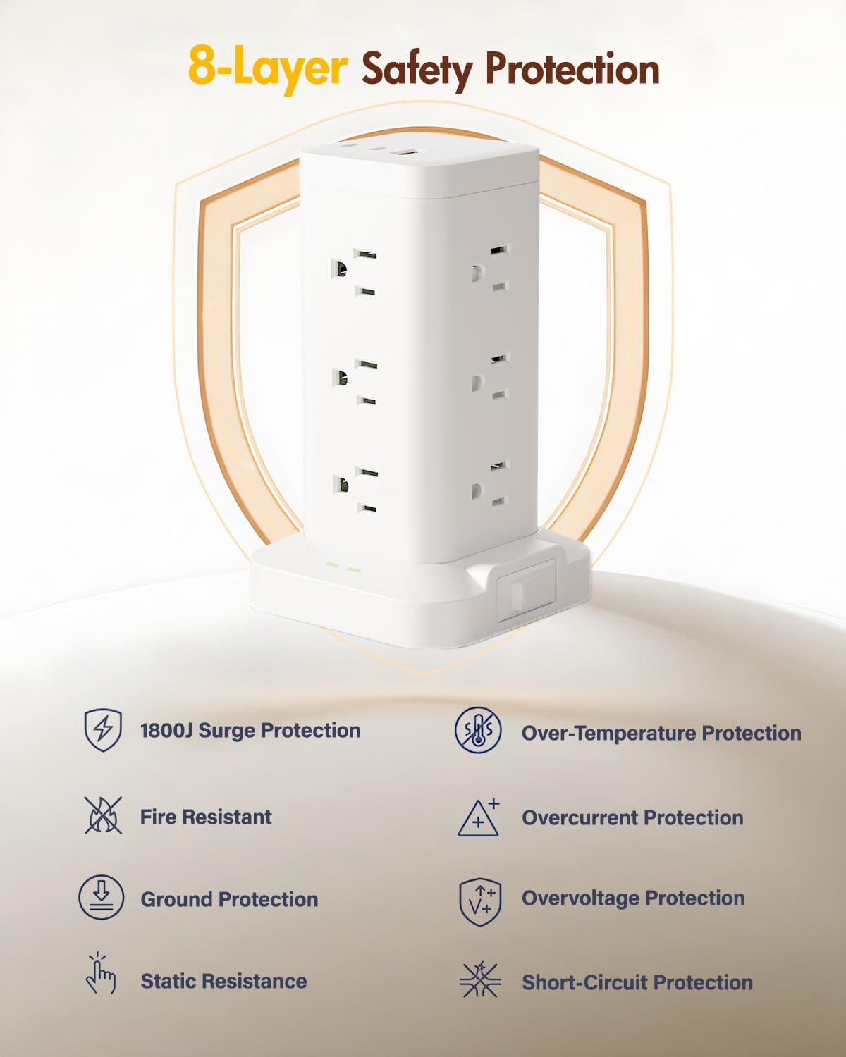 12AC 3USB Power Strip Tower Surge Protector, Extension Cord 10ft, White, 1