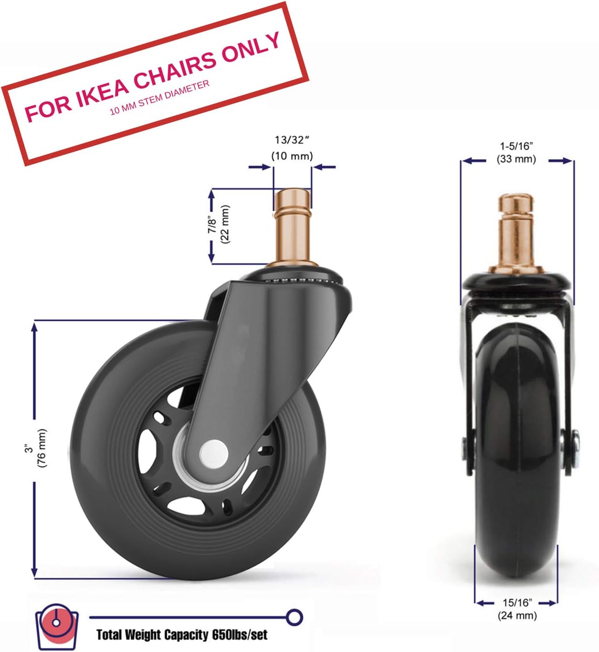 Office Chair Wheels | FIT IKEA Chairs ONLY| Soft 3" Computer Chair Caste...