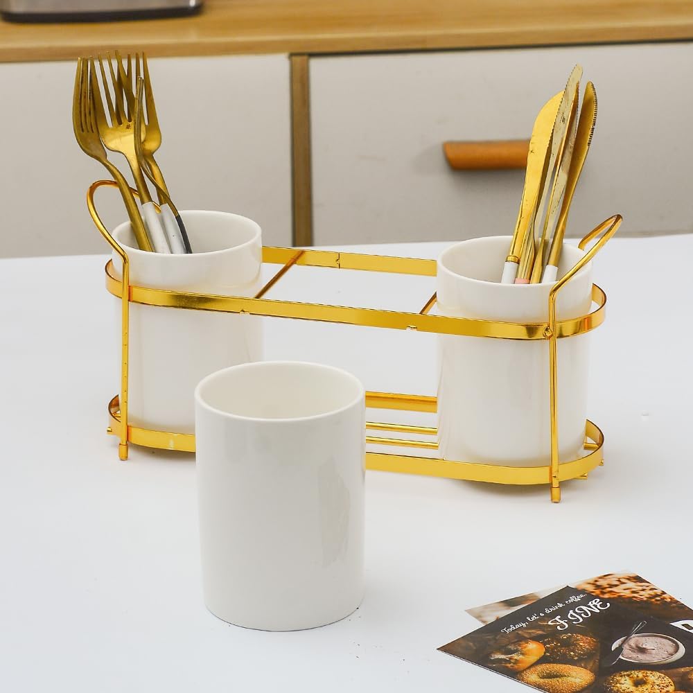 3-Piece White Ceramic Silverware Holder for Party Countertop, Utensil Holder ...