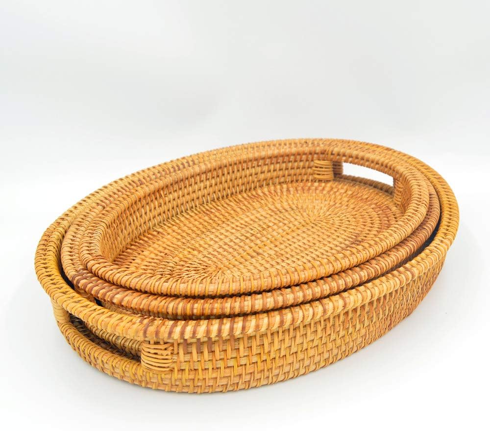 3 Pack Handmade Oval Woven Basket Tray, 15 Inch Rattan Storage Baskets with H...