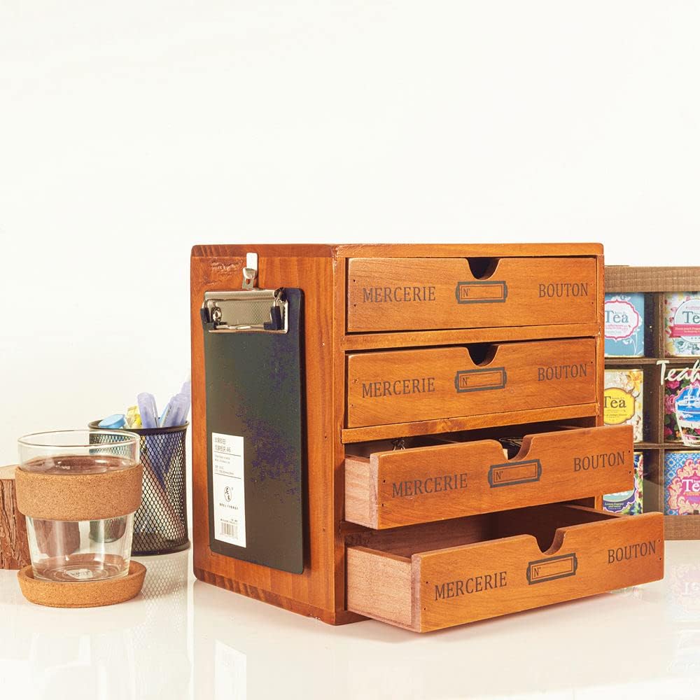 Wooden Storage Box Rustic Desktop Organizer with Drawers/Labels 4 Tier Office...
