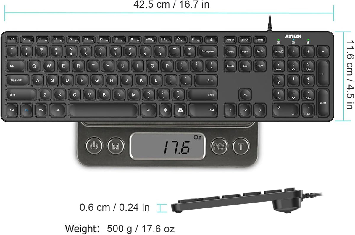 Arteck Backlit USB Wired Full Size Keyboard with Media Hotkey for PC and Laptop