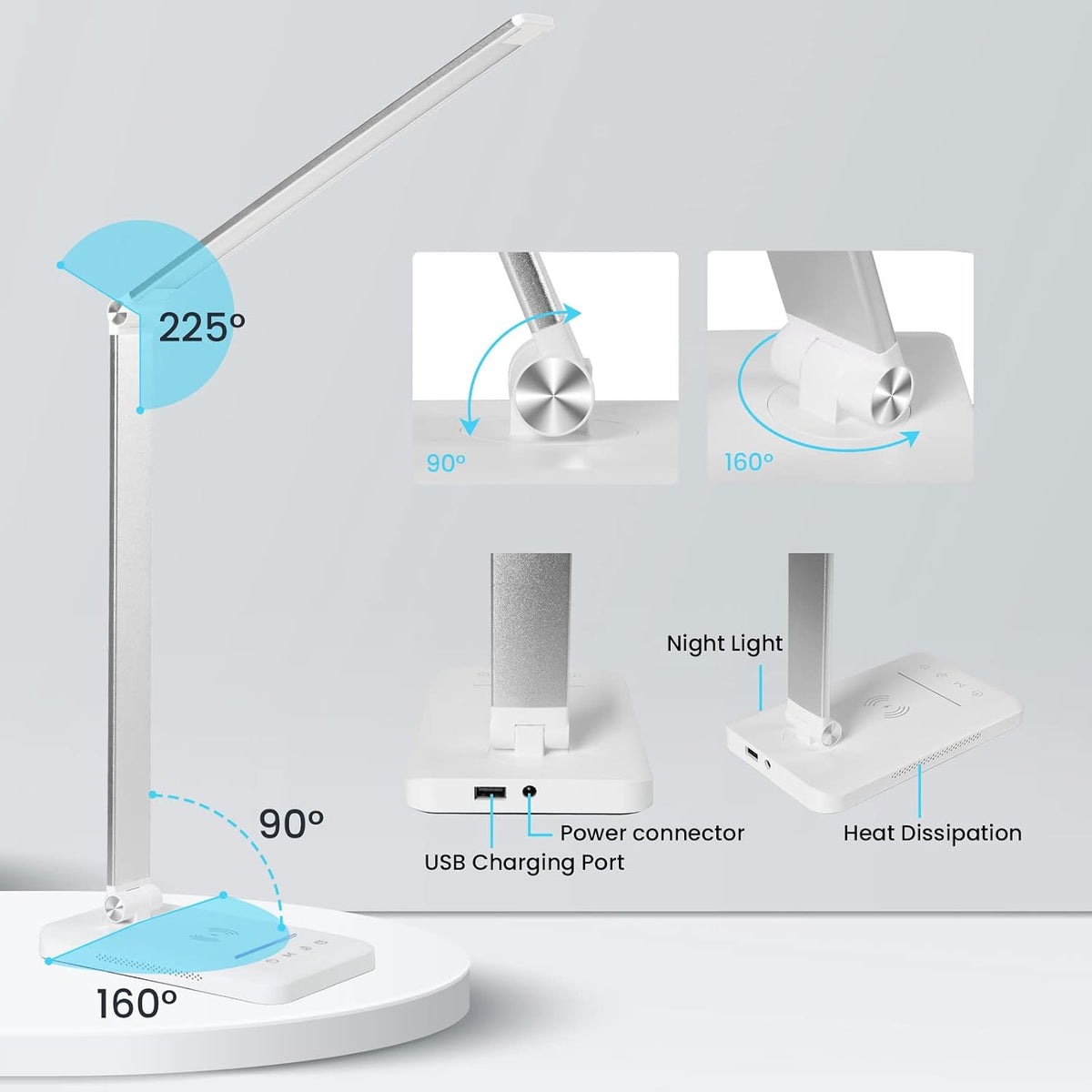 LED Desk Lamp with Wireless Charger, USB Charging Port, Night Light