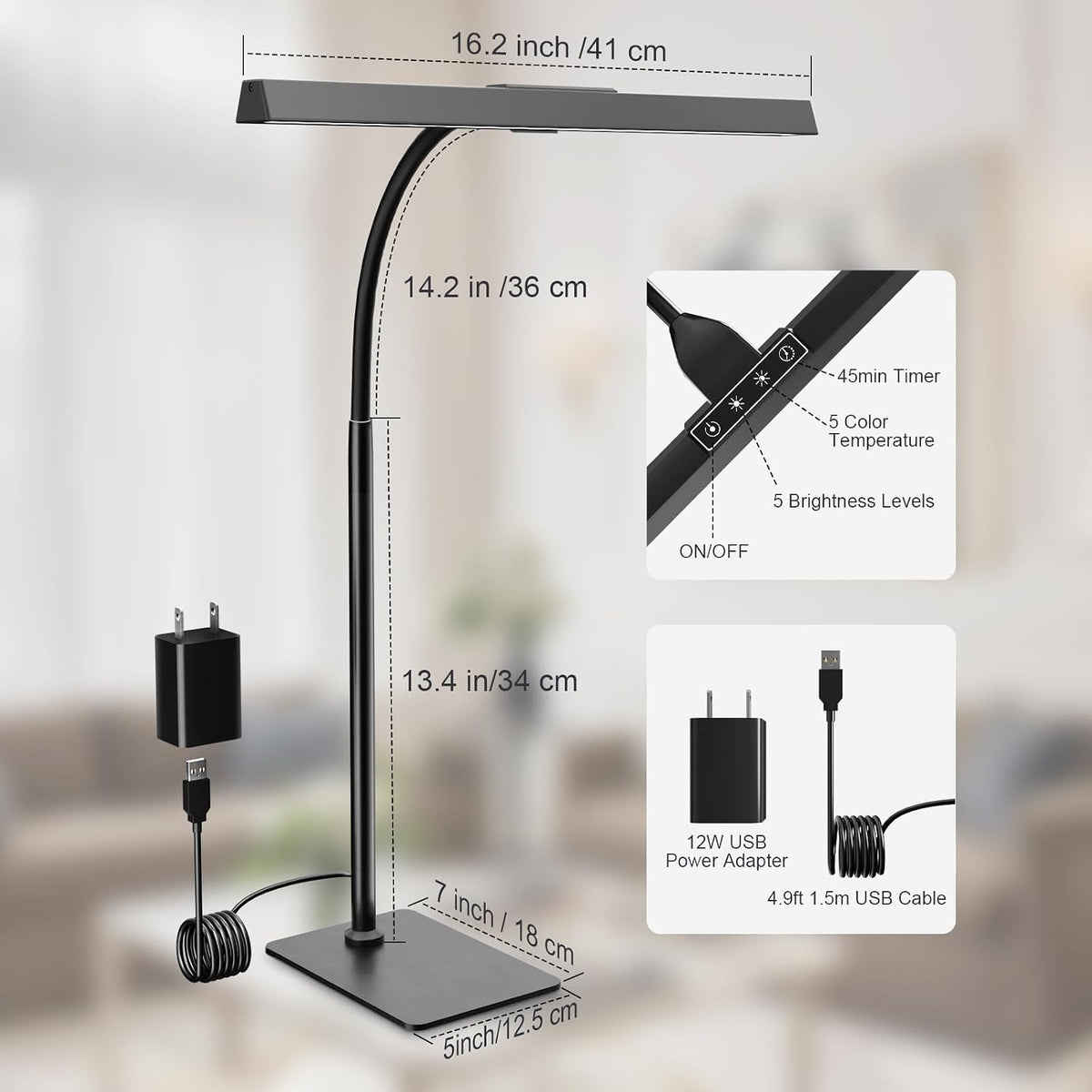 Kary LED Desk Lamp for Home Office, Flexible Gooseneck Task Light Tall 12W