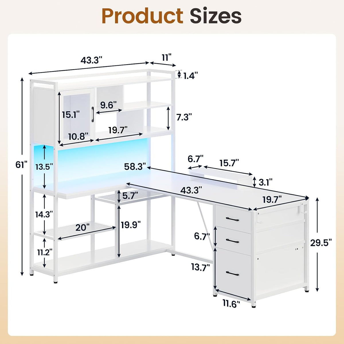 SEDETA 58'' L Shaped Computer Office Desk with 3 Drawers and Bookshelf