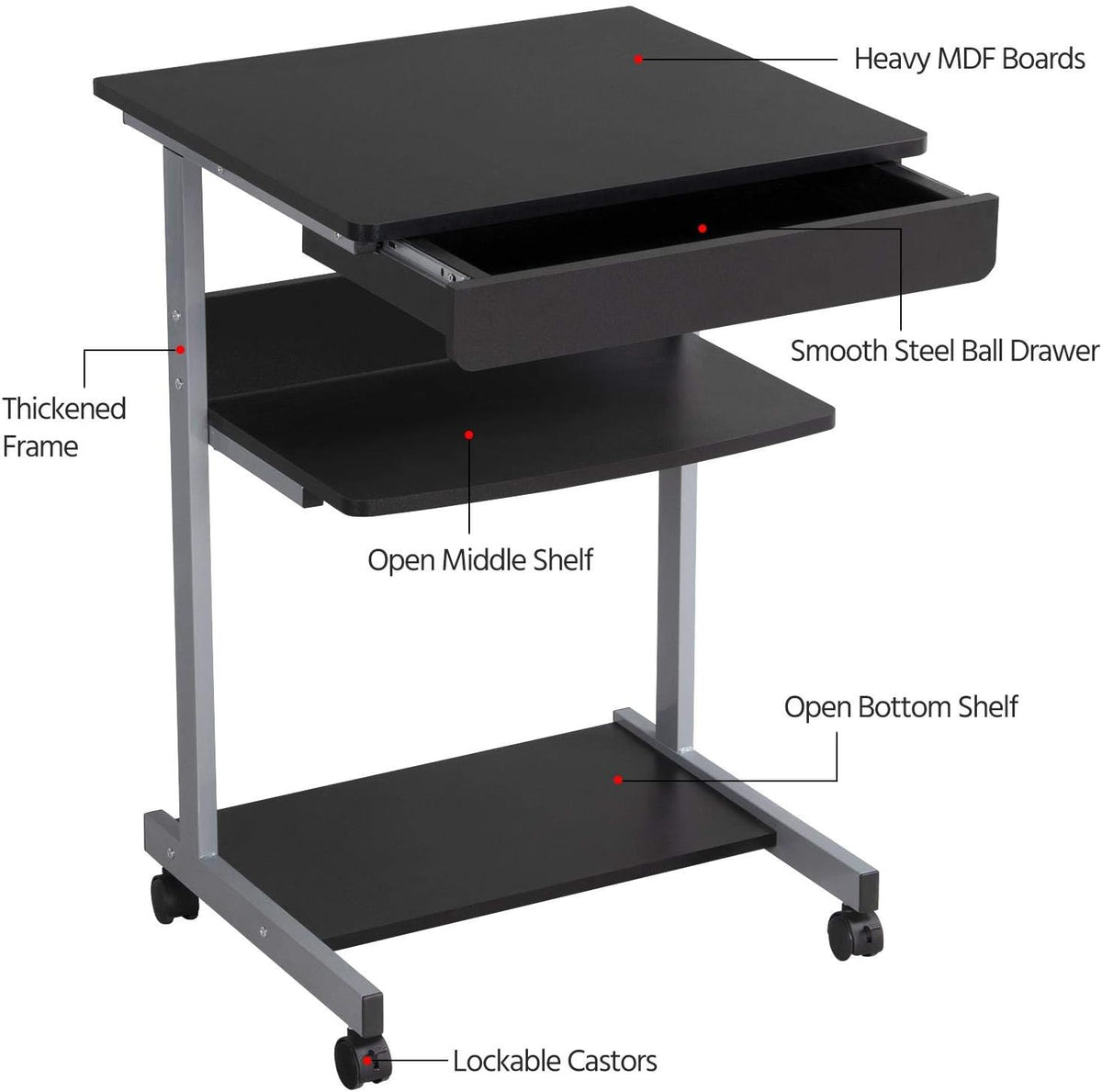 Yaheetech Tiny Mobile Computer Desk, 3-Tier Rolling Cart with Drawer, Black