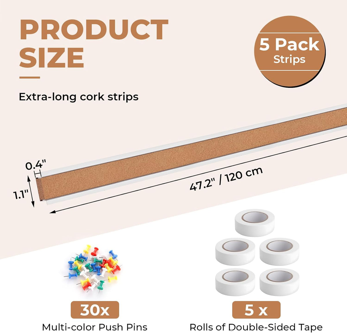 5 Pack Cork Board Strips for Wall - 47.2" x 1.1" Bulletin Bar Strip