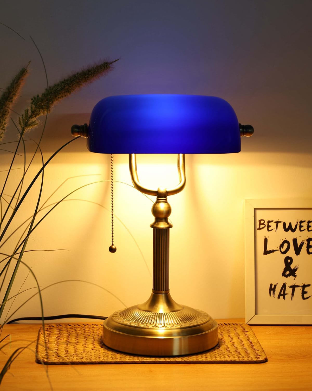 Blue Glass Bankers Desk Lamp,Plug in
