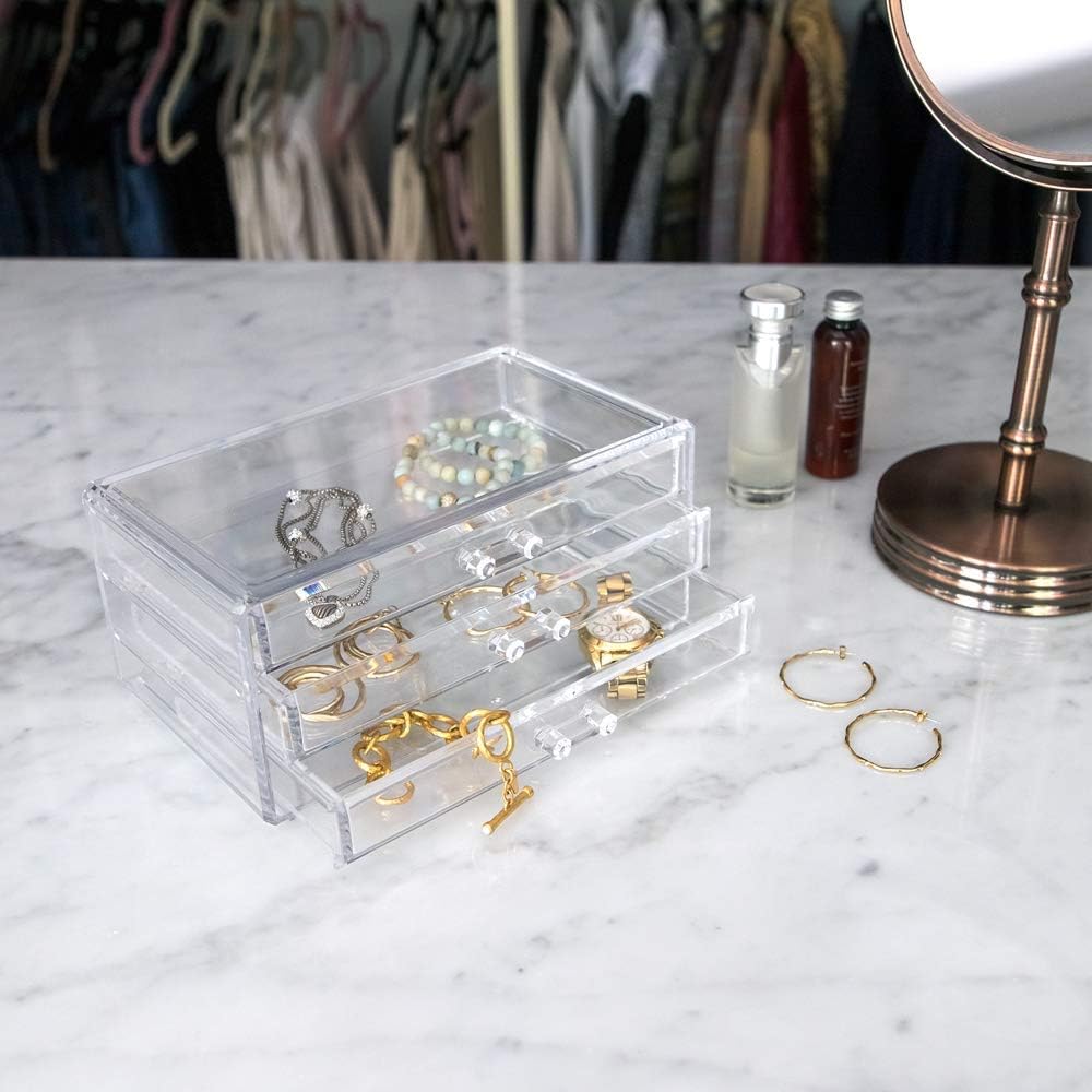 Isaac Jacobs Clear Acrylic 3-Drawer Stackable Jewelry Organizer, Cosmetic &am...