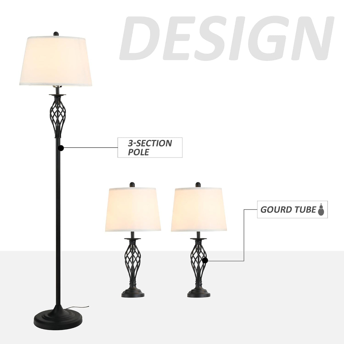 HOMCOM 3 Piece Table Floor Lamp Set with Metal Pole Round Base Black/White