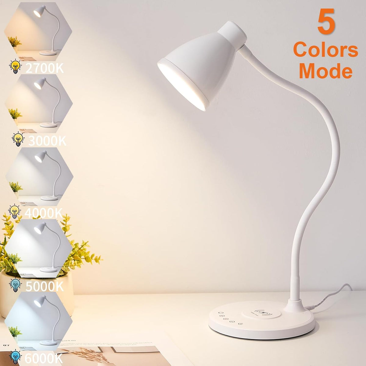 BOHON LED Desk Lamp for Home Office with USB C Charging Wireless Charger