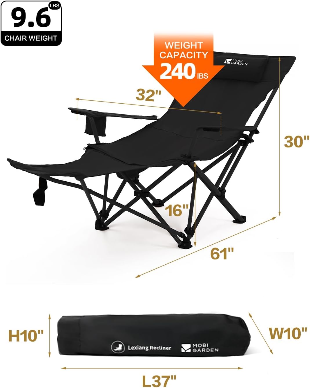 MOBI GARDEN Reclining Camping Chair with Foot Rest, Folding Lounge Chair