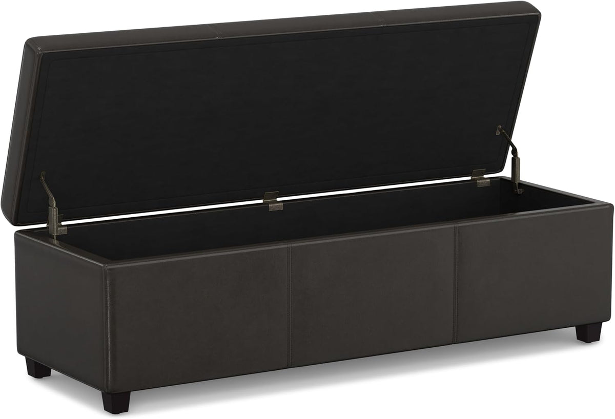 SIMPLIHOME Avalon 60" Wide Fabric Storage Ottoman in Tanners Brown