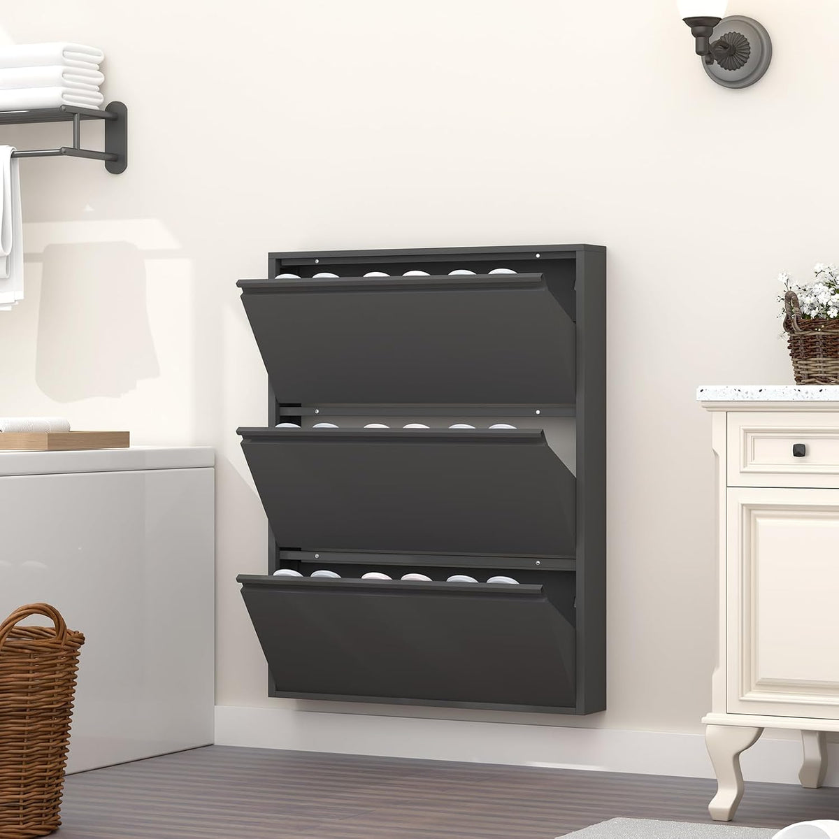 GREATMEET Slim Wall Mounted Metal Storage Cabinet with 3 Flip Drawers