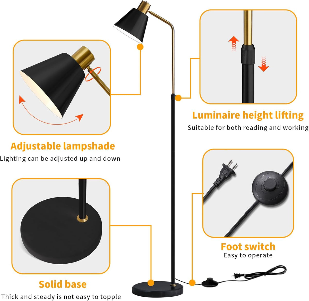 Bright Dimmable Black Gold Reading Floor Lamp, Adjustable Angle and Height