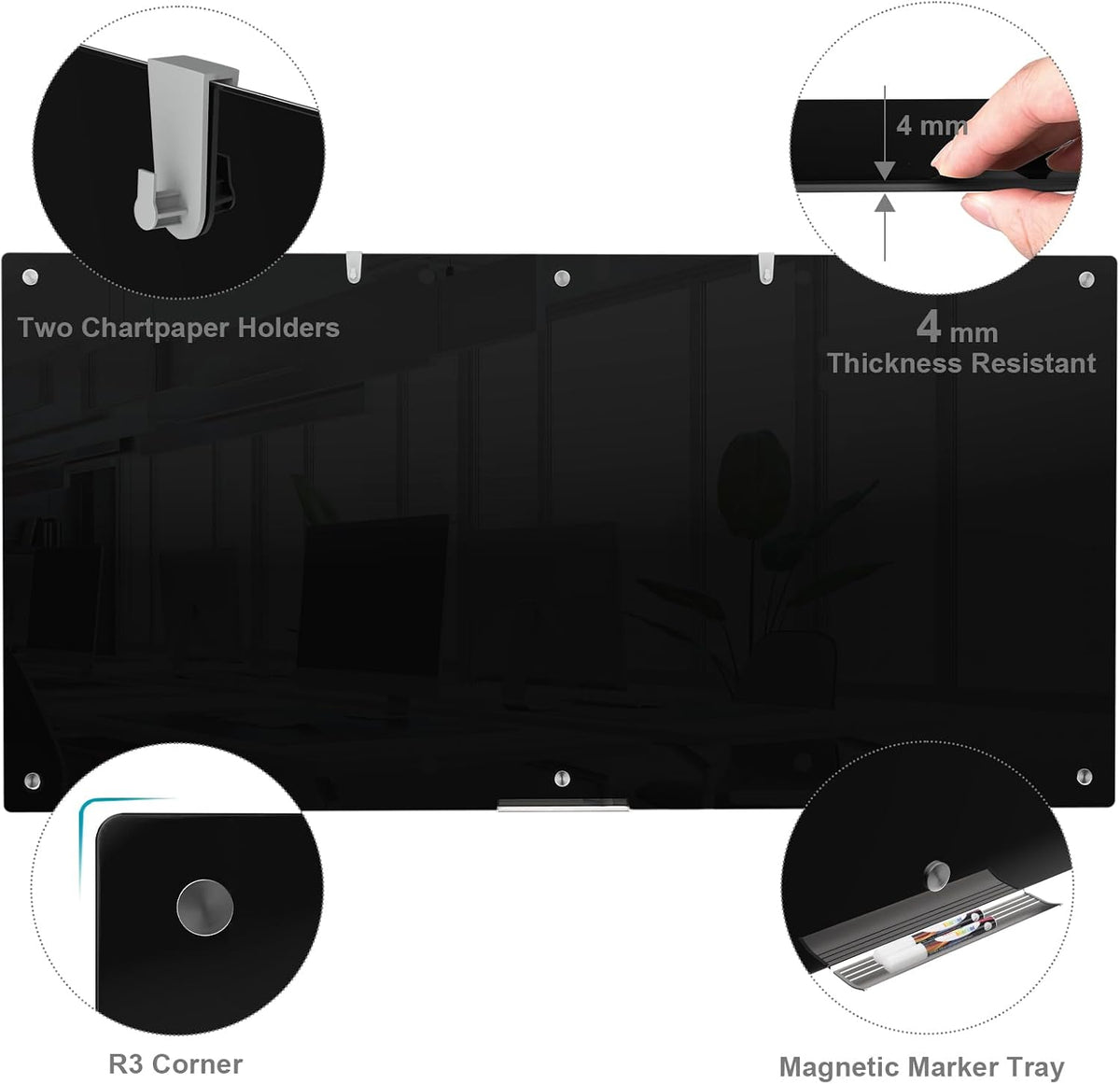 Wingwise Large Black Glass Dry Erase Board, 96 x 48 in Magnetic Blackboard