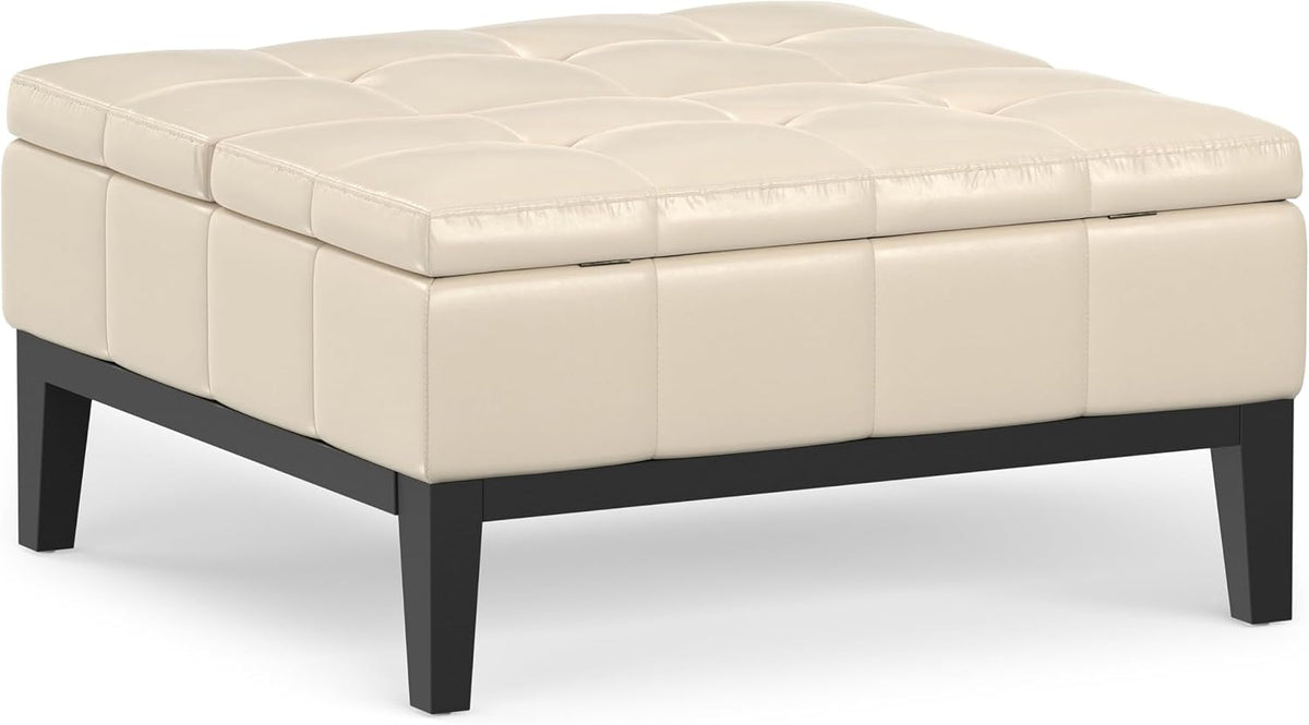 SIMPLIHOME Dover 36" Wide Vegan Leather Storage Ottoman in Satin Cream