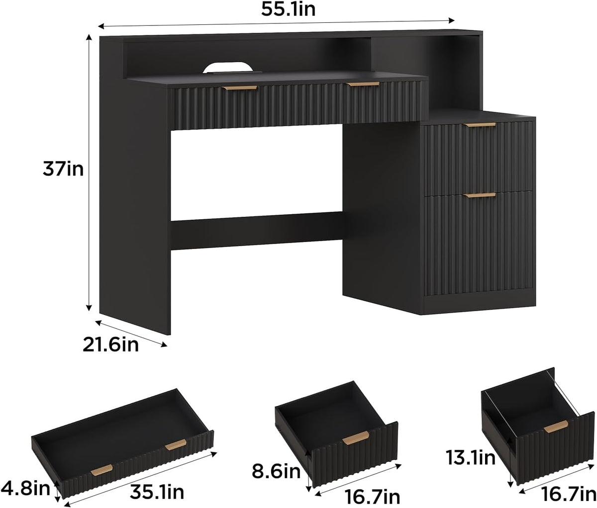 Vabches Fluted Computer Desk with Power Outlets, Home Office Desk with Drawer...