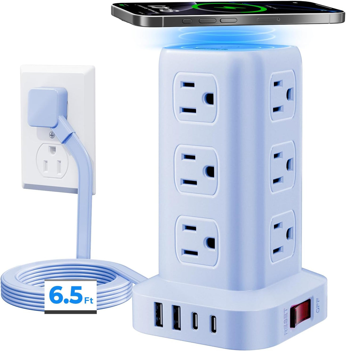 Blue Power Strip with 12 Outlets 4 USB (1 USB C), 6.5Feet Extension Cord with...
